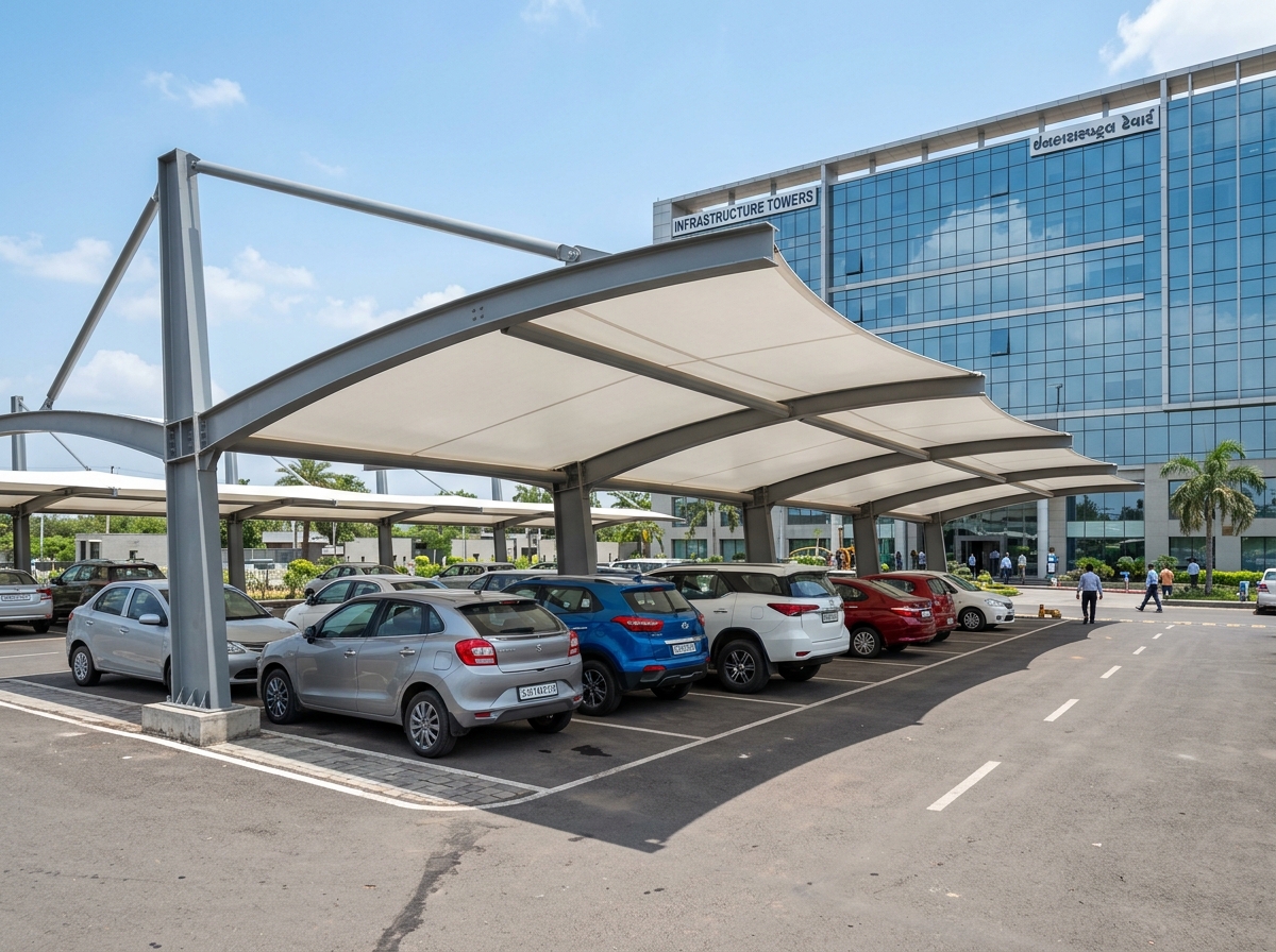 Steel car parking weather shade in Gujarat